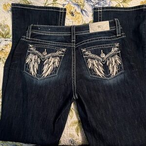 Miss Me Dark Blue Boot Cut Jeans with Feather Embroidery